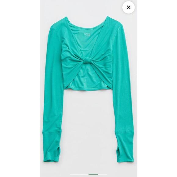 aerie Tops - Aerie OFFLINE Teal Thumbs Up Bow Long Sleeve Modal Crop Top- Size Large